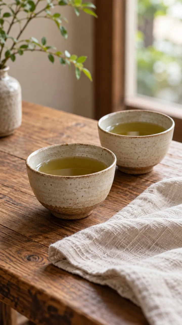 二客の茶器と余白のある卓上を描いたイメージ画像