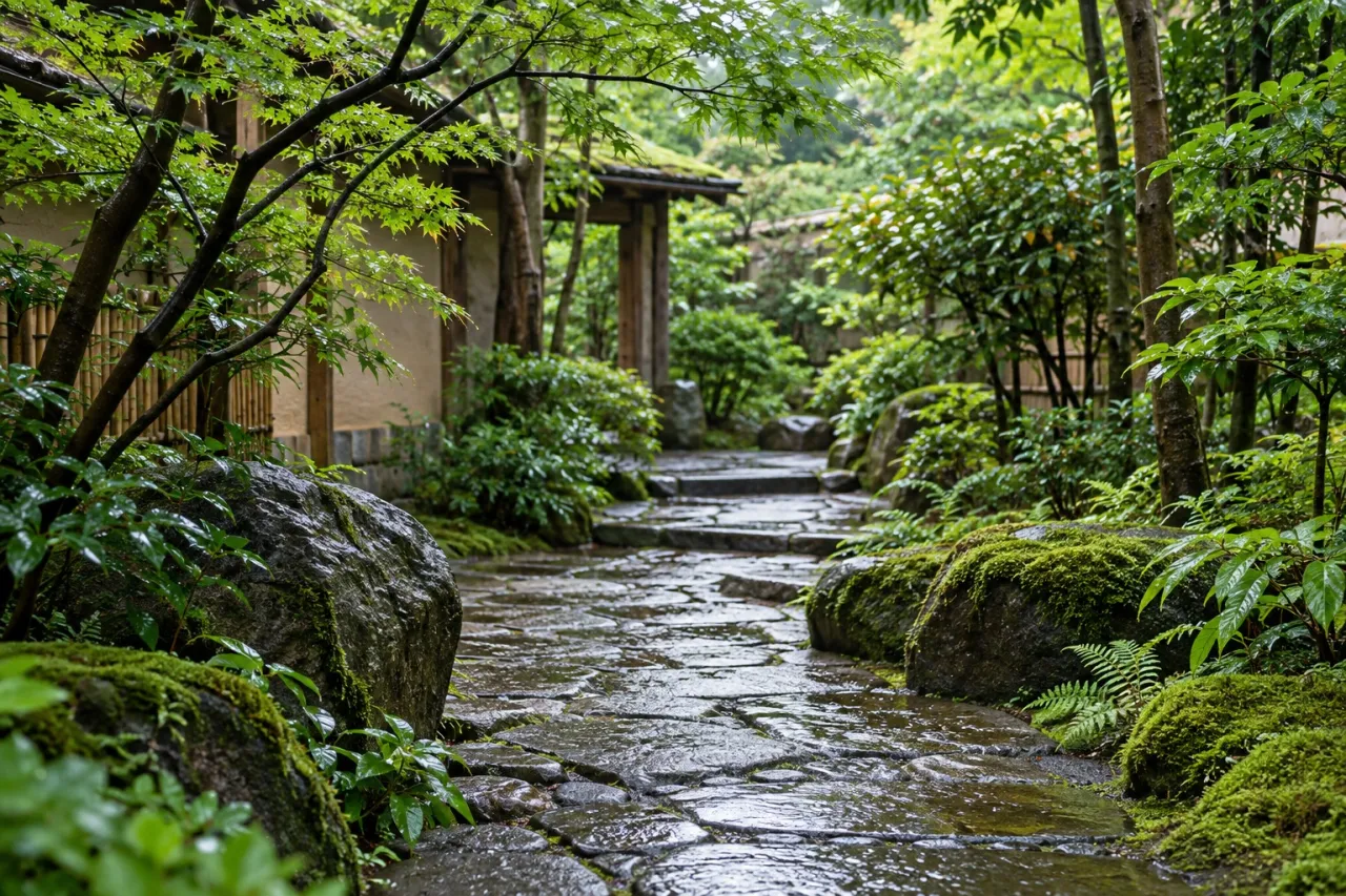 雨の庭を描いた静かなイメージ画像